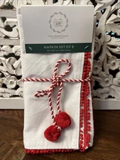 Rachel Ashwell Farmhouse Napkins Cotton 8 Pack Red White PomPoms 20x20 Christmas