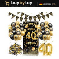 Deko Set 40. Geburtstag Schwarz Gold Mit Banner, Girlande, Luftballons, Konfetti