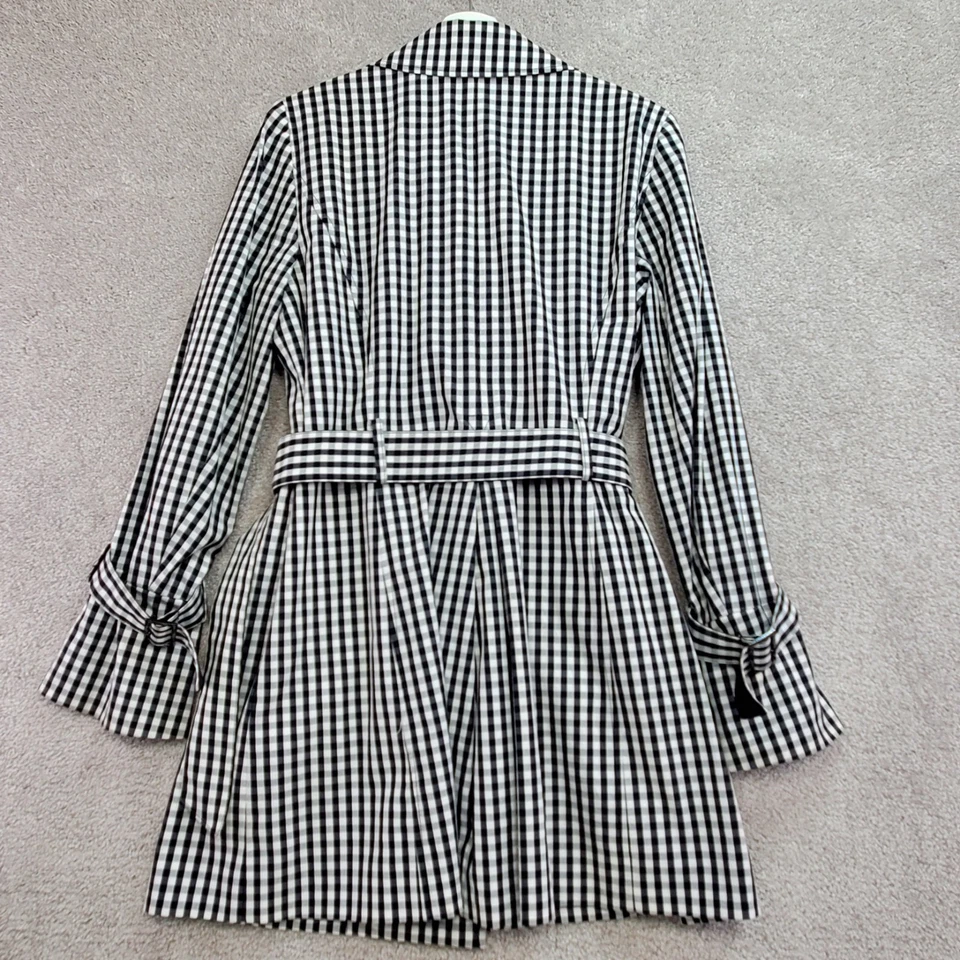 Gabardina para mujer White House Black Market M negra blanca a cuadros algodón con cinturón Foto 3 de 4