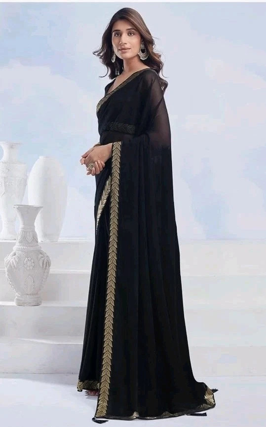 Sari de encaje Georgette negro para mujer con pieza blusa sin costuras Foto 2 de 4