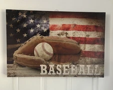 Rustic American Flag Baseball Matte Canvas Framed Gallery Wrap 1.5” (16x24) New