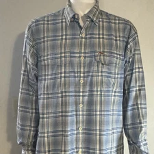 Simms Fishing Button Down Long Sleeve Shirt Men Large Blue Beige Plaid