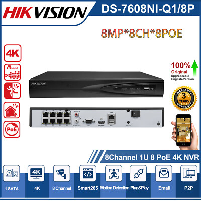 Hikvision 4K NVR 8MP 8Kanal 8POE DS-7608NI-Q1/8P 8CH IP Netzwerk Videorecorder