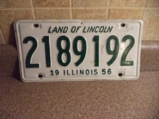 1956 Illinois License Plate Embossed WHITE WITH GREEN Numbers~LAND OF LINCLON