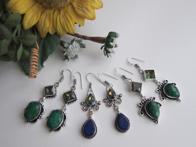 Smaragd, Regenbogen Mehrfarbig Mystic Topas, & andere Edelsteine. Ohrringe Silber.