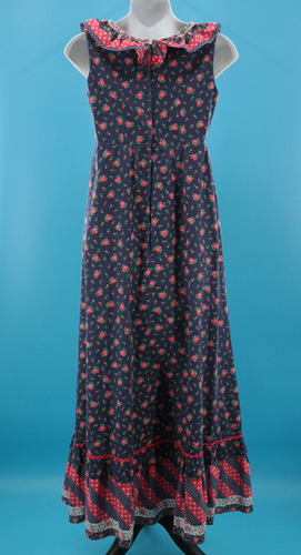 Vintage Damen 60er Marine & Rot Blumen Band Trim Rüschen Maxi Kleid Gr. XS/S 1960s - Bild 2 von 13