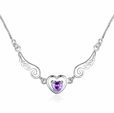 Angel Wing Love Heart Silver Purple Cubic Zirconia Pendant Chain Necklace Box B9