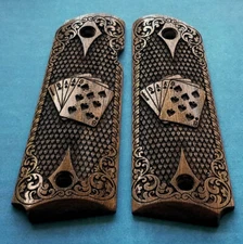 1911 custom 3D engraved walnut wood grips Scroll Dead Man Hand Cards Poker