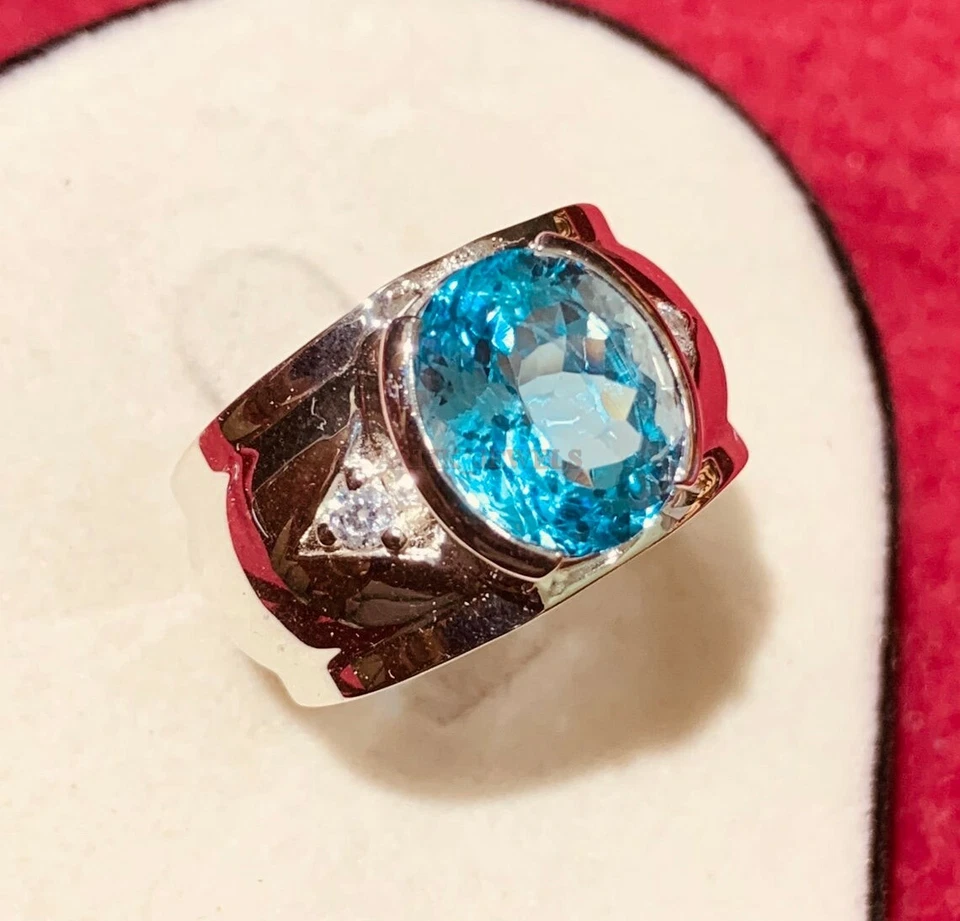 Natural Blue Topaz Gemstone with 14K White Gold Plated Silver Ring for Men AJ510 - Image 2 of 4