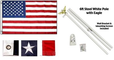 3'x5' US AMERICAN FLAGS Embroidered Nylon Grommets & 6' POLE KIT