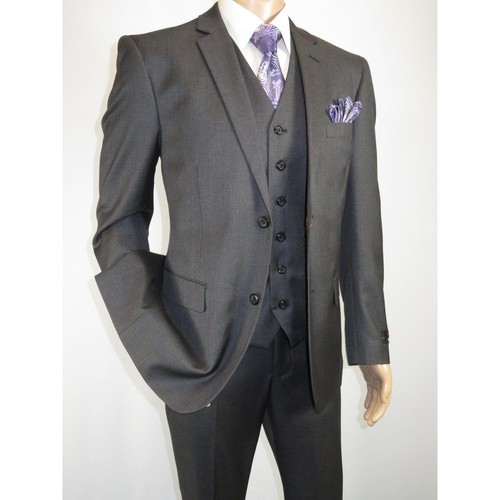 Mens Vitali Three Piece Suit Vested Semi Shiny Sharkskin M3090 Charcoal Gray - 第 23/36 張圖片