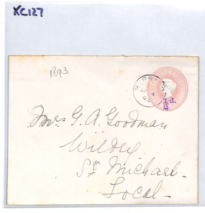 BARBADOS QV Cover *½d* Violet Surcharge Stationery 1d Pink 1893 St.Michael XC127 Foto 4 de 4