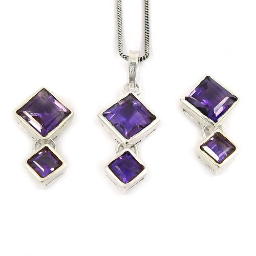 Mujeres Regalo Conjunto de Joyas Gema Amatista Pendientes Set Colgante 925 Plata - Imagen 2 de 8