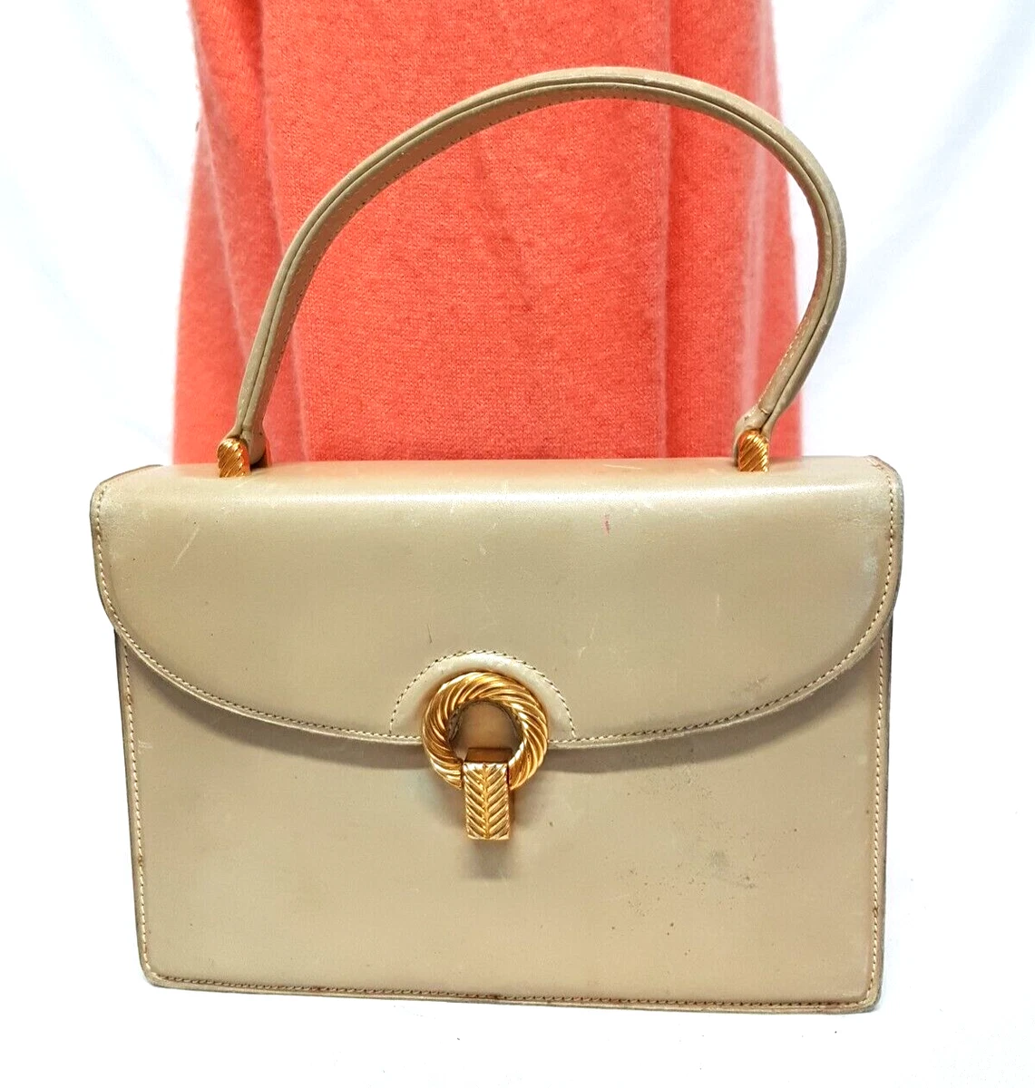 VINTAGE 60S GUCCI BEIGE LEATHER TOP HANDLE SATCHEL HANDBAG