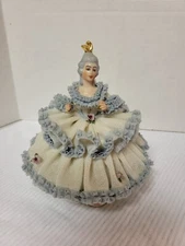 Vintage German Dresden Lace & Porcelain Figurine Karl Klette 4.75" Blue & White