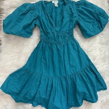 Japna Teal Mini Puff Sleeve Dress, Tiered, Flared, XS