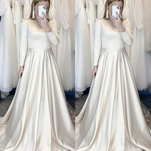 Elegant Satin O-Neck Wedding Dresses Long Sleeves Simple A Line Bridal Gowns - Picture 2 of 6