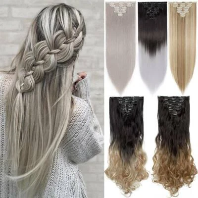 S-NOILITE DE Lang Dick Clip In Extensions Echte Haar Haarverlängerung 8 Tressen Set Grau