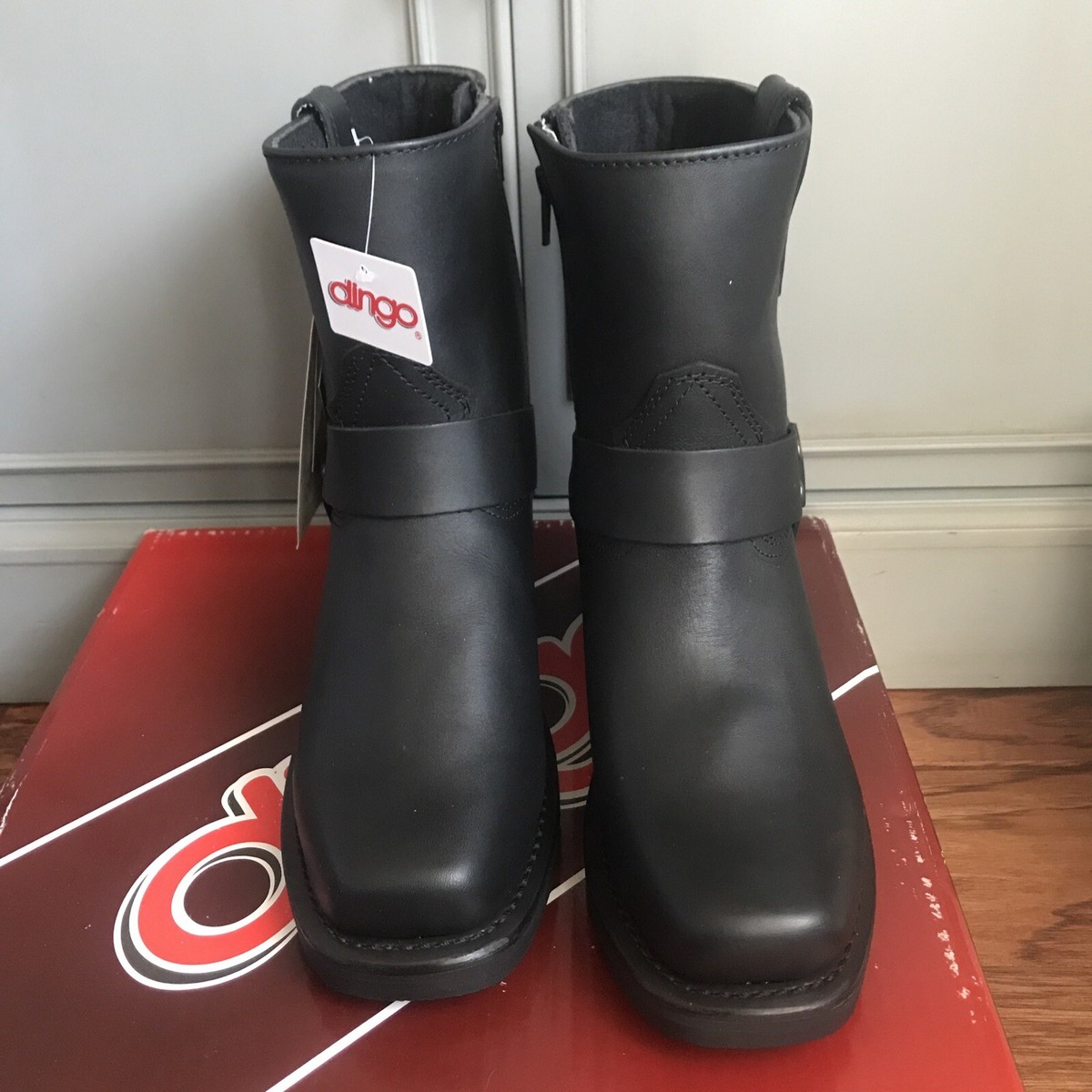 Dingo Mens Leather Boots Black Zip Harness Strap Leather 7D Square
