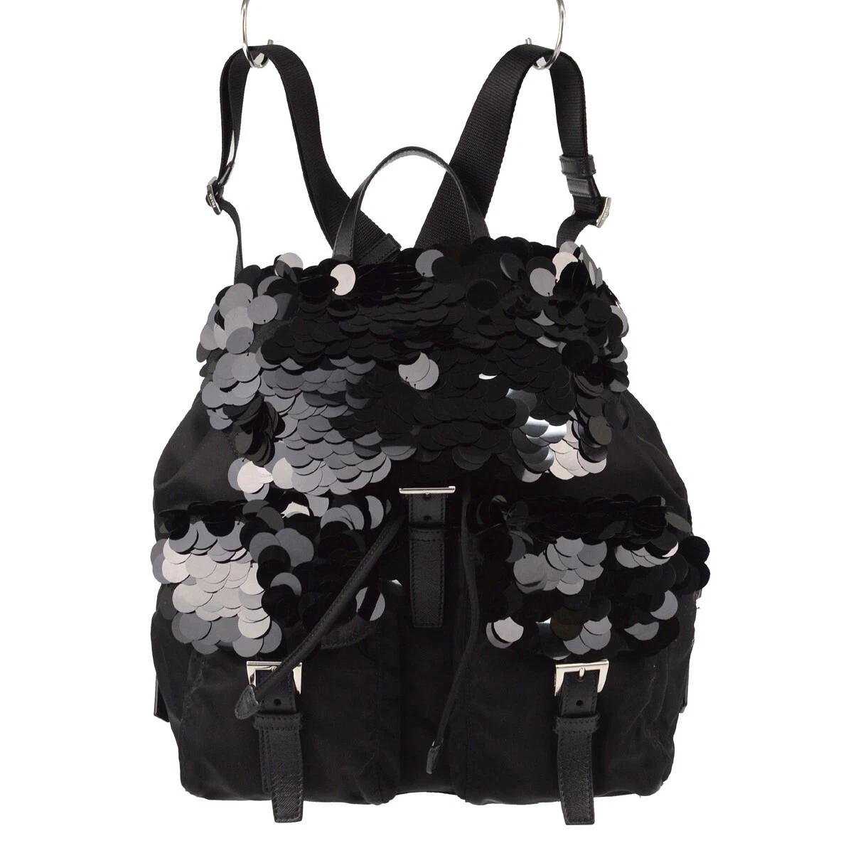PRADA Sequin Backpack Nylon Black Silver Auth 141151M PRADA Sequin Backpack Nylon Black Silver Auth 141151M  main image 2