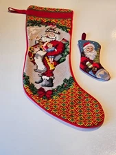 2 Needlepoint Christmas stockings Santa Claus LARGE & MINI pipe doll list RED