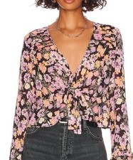 Free People Maybel Blouse NWT Boho Classy Top Black Tie Front Luxury Size L #105