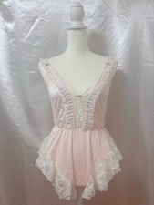 Vintage 1980s TOSCA Pink Satin Sheer Lace Ruffle Teddy Bodysuit Lingerie USA S