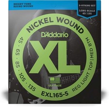 D'Addario EXL165 5-String Nickel Wound Bass Guitar Strings, Custom Light, 45-135