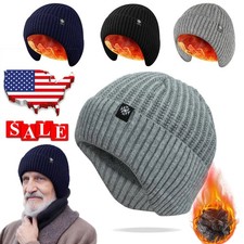Winter Fleece Line Beanie with Earflap, Outdoor Warm Thermal Knitted Hat Unisex