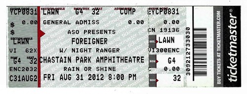 Foreigner & Night Ranger 31.08.12 Atlanta GA Chastain Park Ticket!