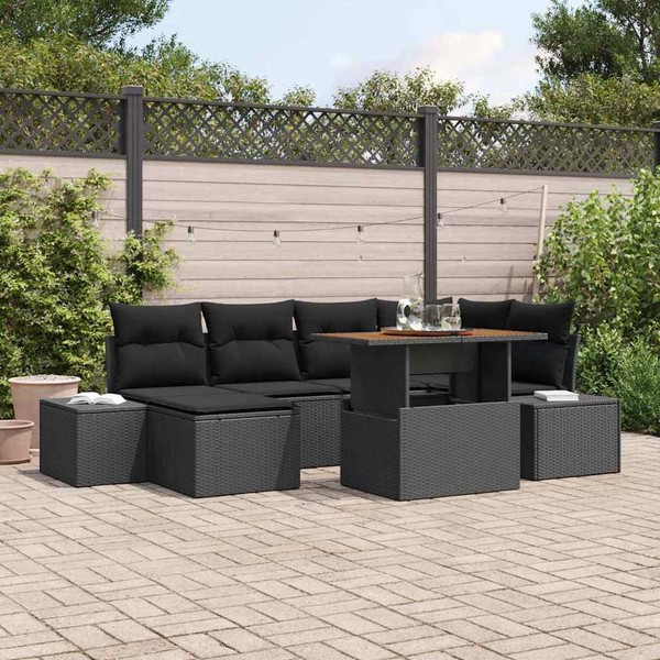 7-Teiliges Garten-Sofa-Set Mit Kissen Schwarz Poly Rattan-image