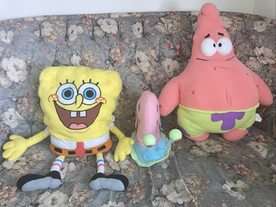 Vintage Y2K Rare Giant Sponge Bob,Gary,Patrick Plushies Lot Of 3 From 2000