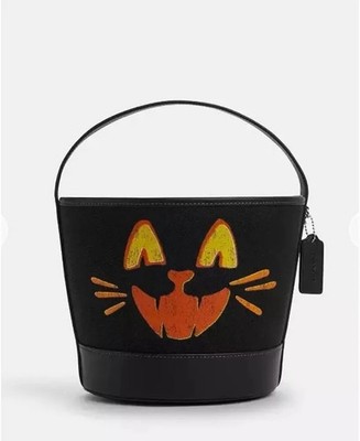 Coach Trick Or Treat Bucket With Halloween Cat In Regenerative Cotton Black NWT