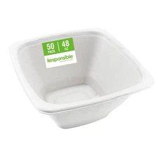 100% Compostable Square Serving Bowls, 48 oz Disposable Paper Bowls, Microwav...