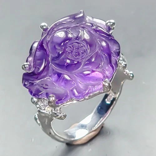 Charming carving Natural Amethyst Ring 925 Sterling Silver Size 7.5 /R451830