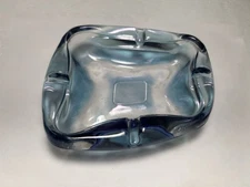 Vintage Iridescent Blue Glass Asymmetrical Ashtray Mid Century MCM 6”