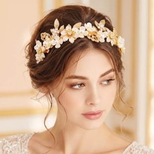 Flower Fancy Bridal Headband Pearl Wedding Tiara for 1 Count Pack of 1 Gold