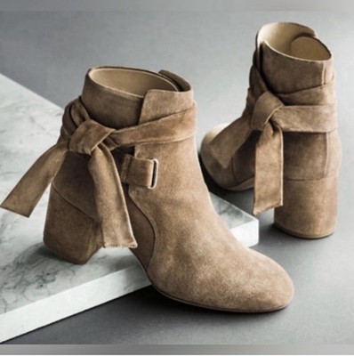 rag & bone Dalia Suede Ankle Bootie Beige Bow Buckle Strap Almond Toe EU 36.5