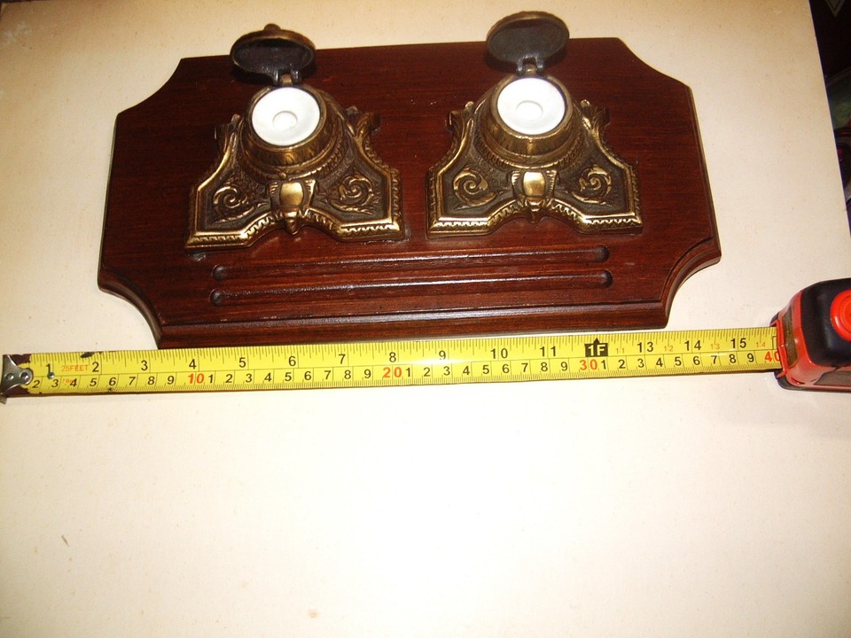 A substantial antique porcelain and brass dip pen inkwell desk set at 13x7 inches — a proper writer's throne for your desktop.