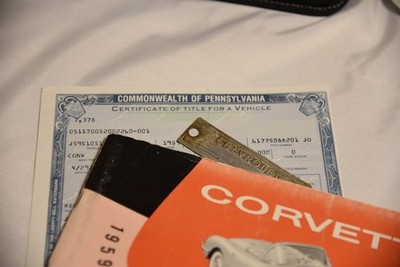 1959 CORVETTE OWNER TITLE AND TAG + OWNERS MANUAL