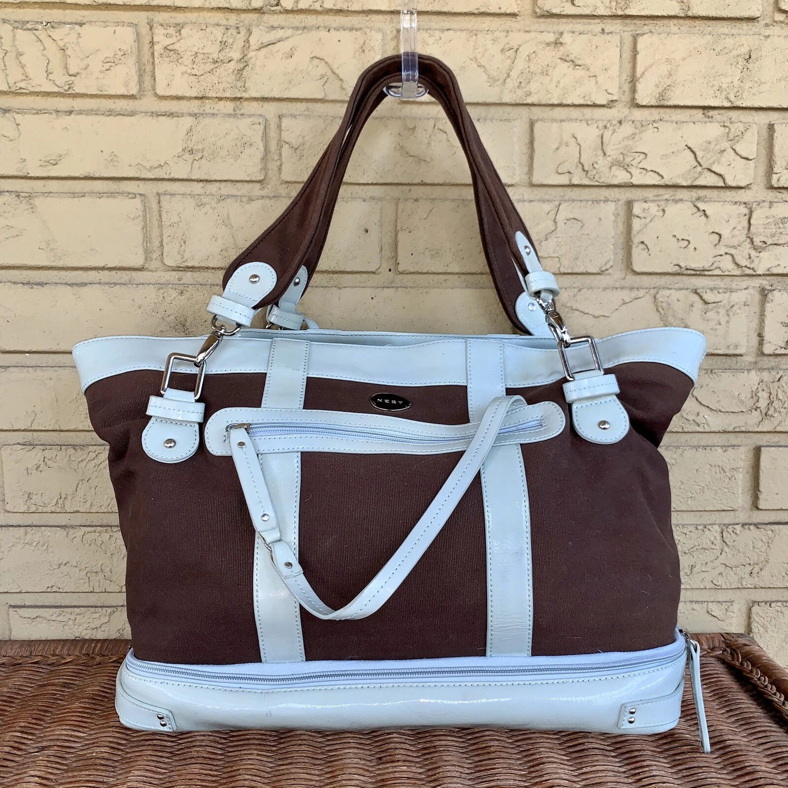 Nest Brown & Mint Green Patent Diaper Bag Tote Large With Changing Pad