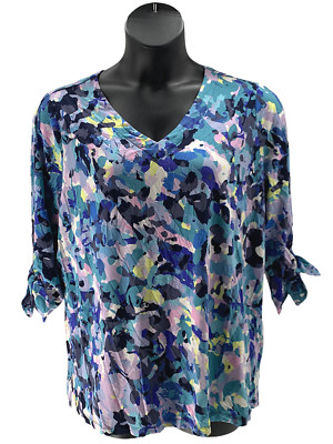 Susan Graver Weekend Printed Cool Touch 3/4 Sleeve Top Ties Peri