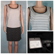 St John Black Cream Fake Two-Piece Style Dress L 10 12 Sleeveless Plaid Chevron
