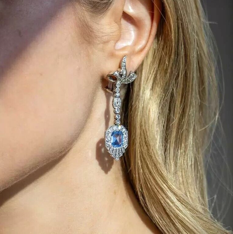 Art Deco Emerald Cut Sapphire Lab Created Diamond Wedding 925 Silver  Earrings