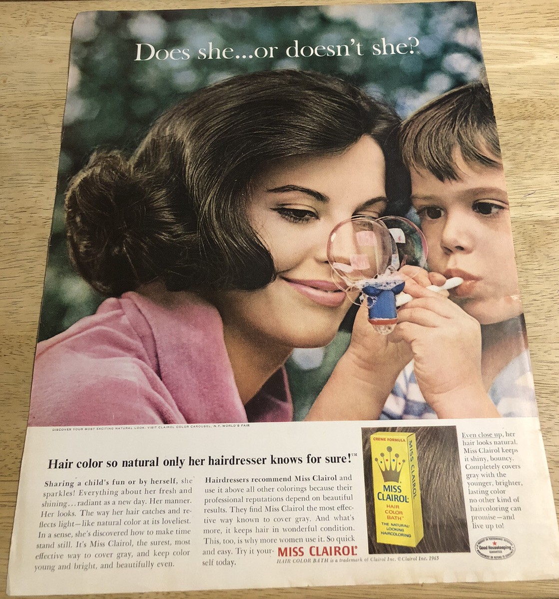 1965 MISS CLAIROL Mother &amp; Son Blowing Bubbles - Vintage Magazine 