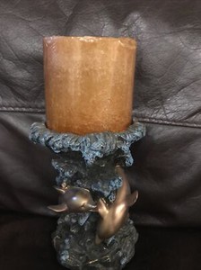 Three Jumping Dolphin in Waves Resin Candle Holder Ocean Scenes 6" Tall 4" Top