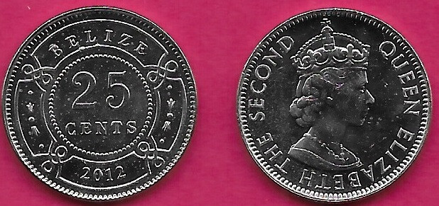 BELIZE 25 CENTS 2012 UNC CROWNED BUST OF QUEEN ELIZABETH II FACING