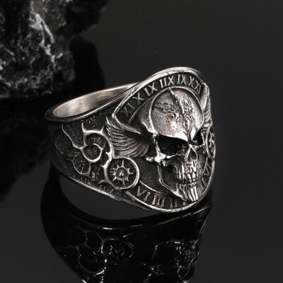 Retro Gothic Evil Wings Skull Head Ring Stainless Steel Biker Jewelry Size 7-13