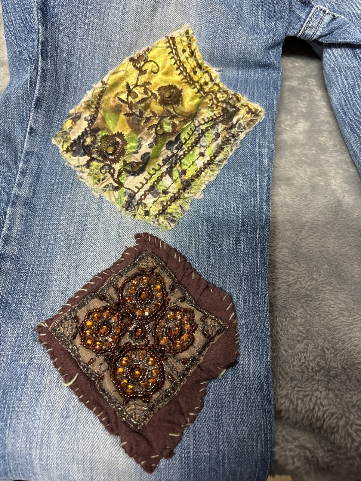 Retro Patchwork Jeans Repurposed Sz6 Hipster Stra… - image 3