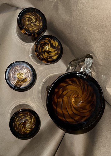 MCM Italian Pulled Feather Hand Blown Cased Glasses Pitcher 5 pc Bar Set - Picture 4 of 6